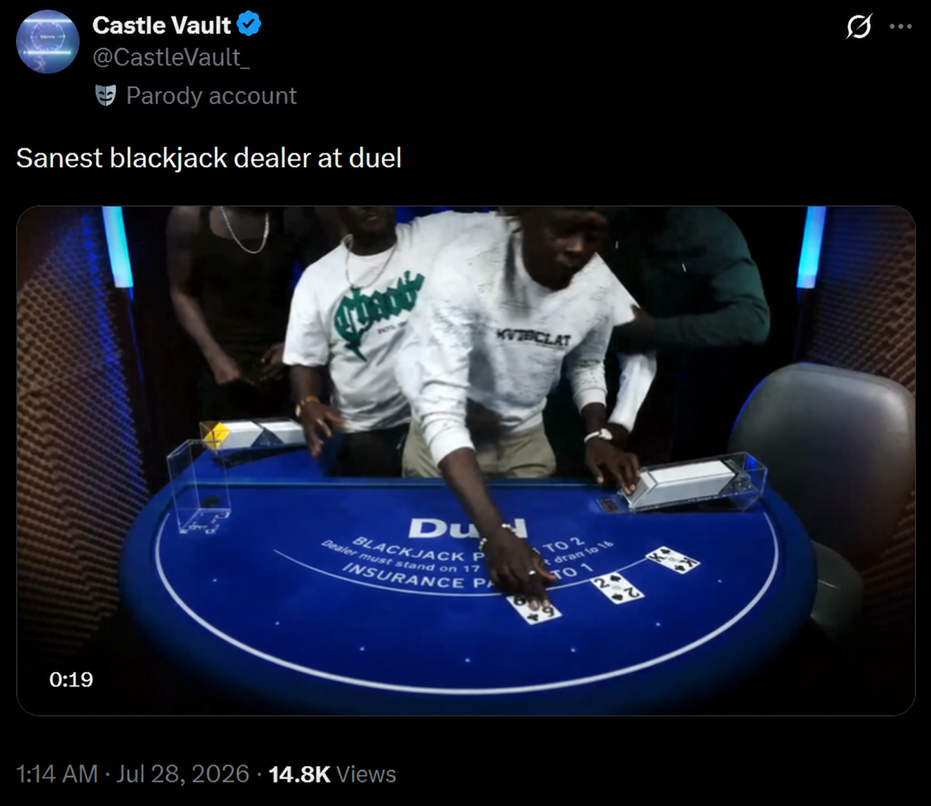 Castle Vault post showing a Duel blackjack table